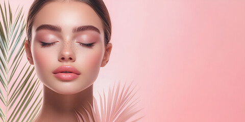 Close-up of woman with pink makeup and tropical plants, beauty model with vibrant pink makeup, portrait of woman with soft makeup in pink tones