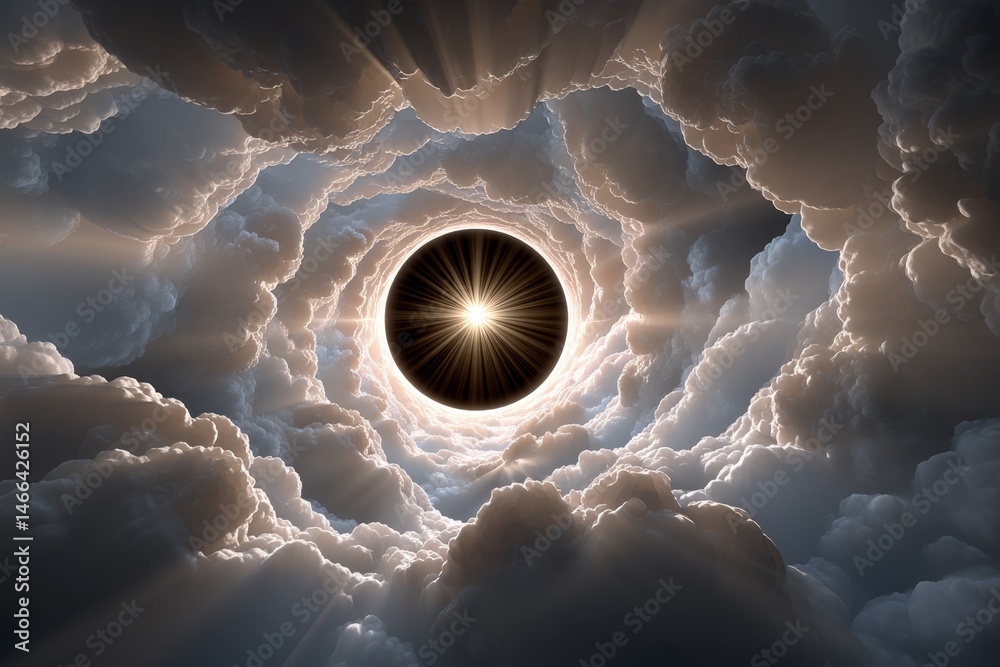Aufkleber flame descending through a spiral of light surrounded by clouds and sun rays
