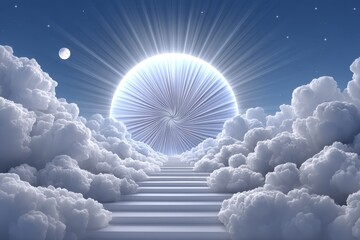 Flame descending through a spiral of light surrounded by clouds and sun rays
