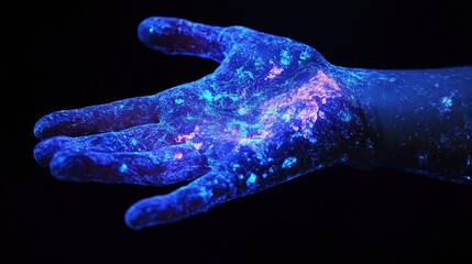 Bacteria On Surface. Illustration of Hand Under UV Light, Emphasizing Importance of Hygiene and Washing