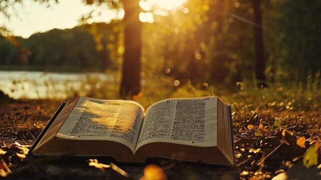Peaceful Sunset Bible Reading by the Lake