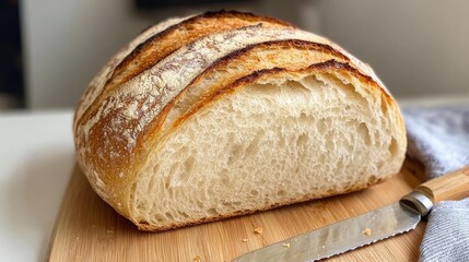a loaf of bread on a cutting board with a knife