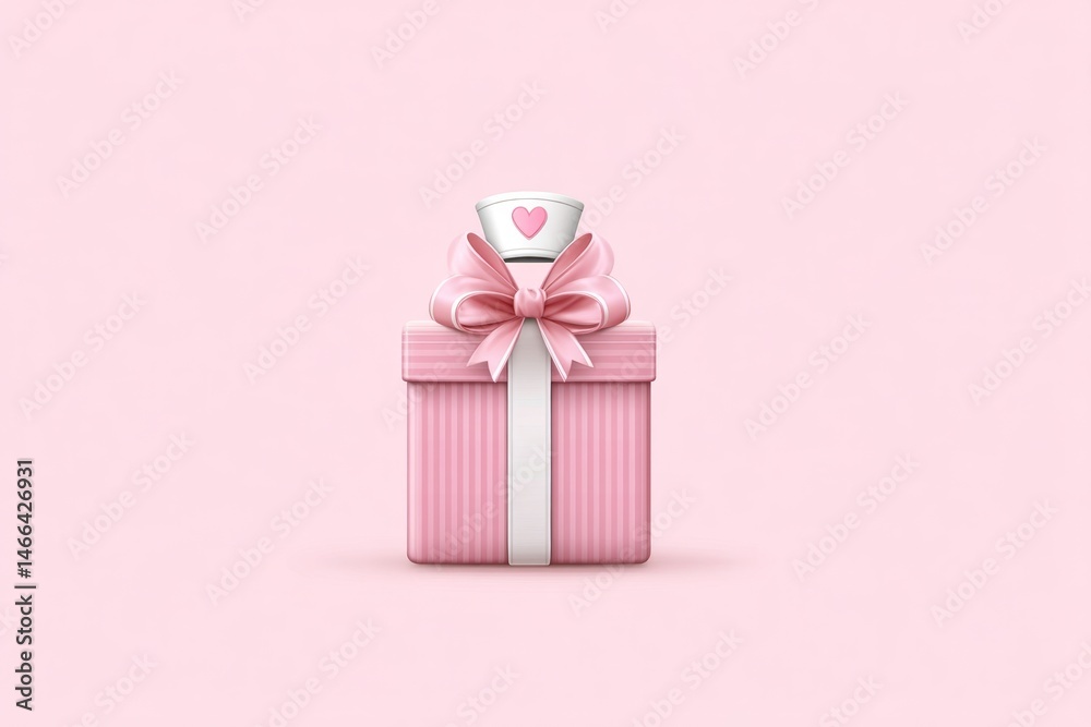 Poster minimal gift box icon with nurse hat and ribbon in clean vector style