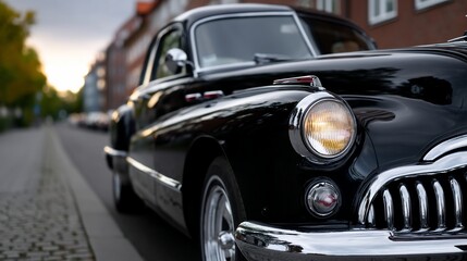 Fototapeta premium Classic black vintage car parked on city street