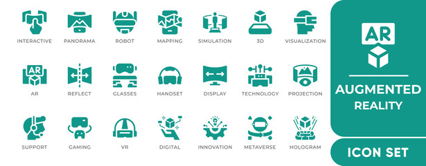 Augmented Reality Icon Set. Includes vector icons of AR glasses, 3D overlay, smart devices, and virtual tech. Perfect for AR apps, UX-UI, and future tech projects.