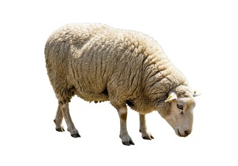 Isolated sheep grazing with its head down on a white background