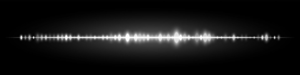 White waveform glowing softly on black background, with smooth symmetrical reflection and low to mid amplitude spikes for minimal voice input design.