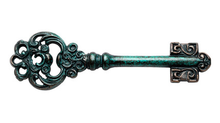 Ornate vintage key, turquoise patina finish, isolated, cut out transparent