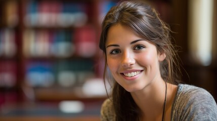 A joyful student in a library, smiling warmly, surrounded by books. The happiness of learning in a quiet space.