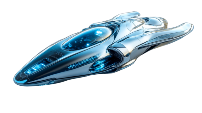 Futuristic silver spacecraft, glossy surface, isolated, cut out transparent