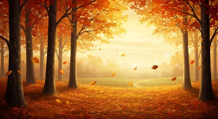 Fototapeta premium Autumn Forest Landscape with Falling Leaves and Warm Golden Light