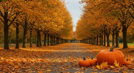 Golden Tree-Lined Path in Fall with Pumpkins on the Road