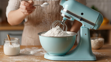 A woman is using a mixer to make a cake