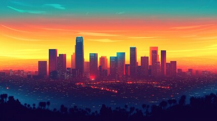 Fototapeta premium City skyline silhouette against a warm dusk sky, urban simplicity meets serene twilight.