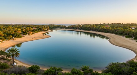 Fototapeta premium Aerial View of a Tranquil Tropical Lake and Beach at Sunset
