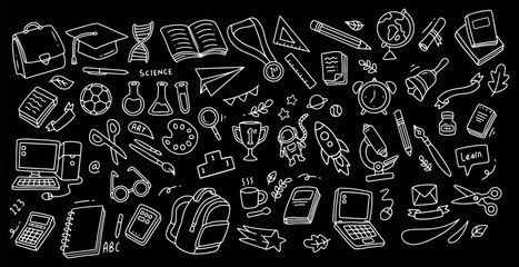 Back to school doodle elements. Vector illustration in line with black background