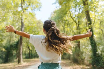 Woman Embraces Nature in Lush Green Forest Feeling Free and Happy Outdoors