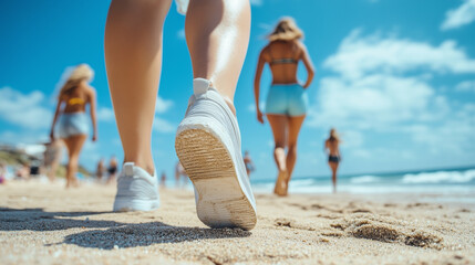 Close-up of legs in shoes walking on a sandy beach, taken from a low angle