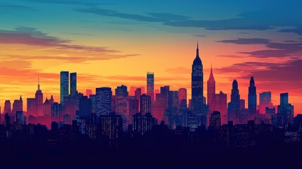 Fototapeta premium City skyline silhouette against a warm dusk sky, urban simplicity meets serene twilight.