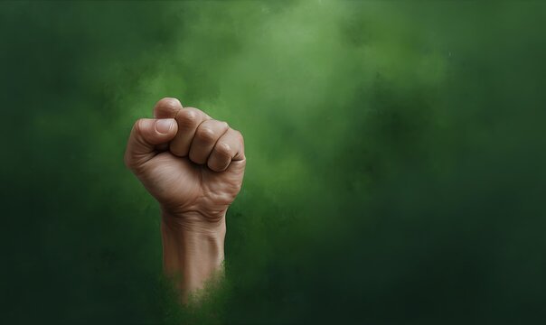 A clenched fist raised in defiance against a dark green background symbolizing strength unity and protest