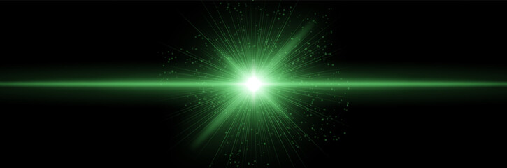 Green energy flash with linear rays, star core, light scatter on black. Emphasizes heat burst, galactic pulse, cosmic ignition, futuristic impact.