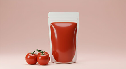 Red Tomato Ketchup Packaging with Fresh Tomatoes on Pink Background
