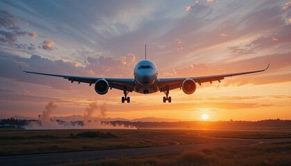 Majestic Airplane Landing at Sunset