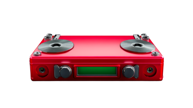 Red turntable audio mixer with green display, cut out transparent