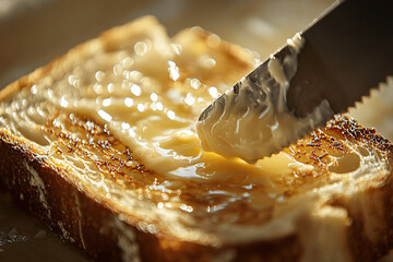 Close-up view of spreading soft butter on toasted white bread, detailed macro shot with warm natural lighting