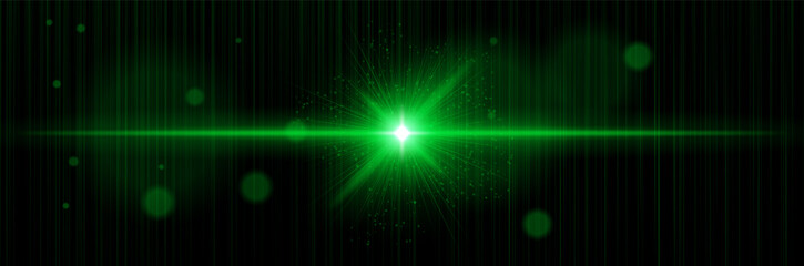 Green radiant star with center flare, soft sparkles, vertical glowing lines. Represents high-tech glow, energy surge, cosmic force, digital beam.