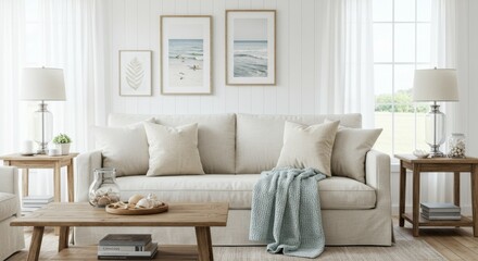 Fototapeta premium Bright Coastal Living Room with Beige Sofa and Wooden Accents