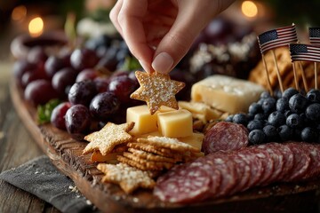 Holiday Cheese Board: A hand delicately places a star-shaped cracker onto a rustic wooden board laden with an assortment of cheeses, salami, grapes, and blueberries.