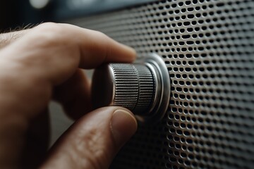 Close-up of hand turning volume knob on vintage audio equipment