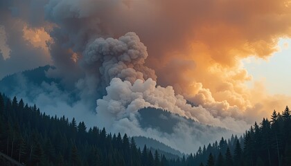 Fototapeta premium Forest Fire Inferno: Dramatic Sunset Smoke Plume over Mountainous Landscape