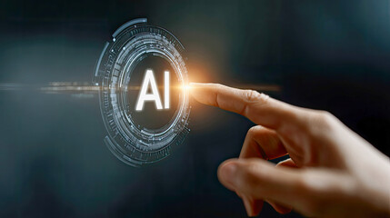 AI Interface: Human Hand Touching Digital Screen with Data in Dark Room