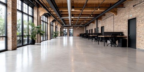 Naklejka premium Spacious industrial loft office with brick walls and open workspace