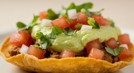 Close-Up of a Delicious Mexican Tostada with Avocado Crema and Pico de Gallo