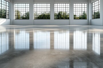 Spacious industrial interior with large windows and reflective floor