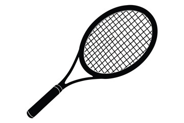 Black monochrome tennis racket showing a string net is isolated on white