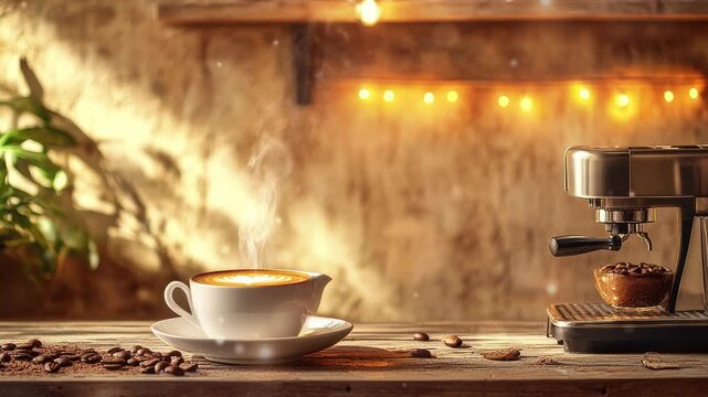 Coffee maker and cup on kitchen counter with shinning  sunset 