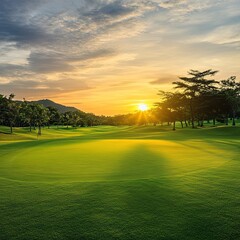 Golf teeing ground in golf course with sunrise background.