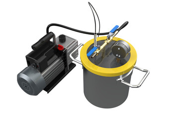 Industrial Vacuum Degassing Setup with Stainless Steel Chamber and digital thermometer, Pump Manometer and Connections with Gauge and Hoses for Removing Air Bubbles from Liquids PNG Transparent 