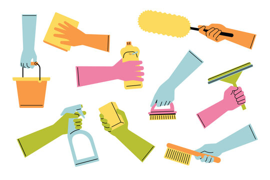 Hands holding cleaning tools, brush, cloth, wiper, scoop, washing sponge, detergent bottle. Clean home equipment illustration