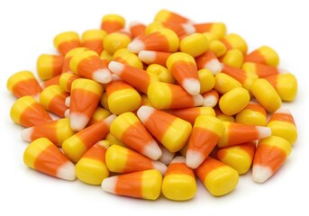 Pile of traditional candy corn sweets for halloween on white background