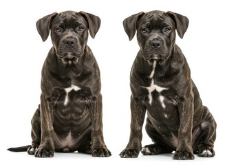 Obraz premium Two cane corso puppies sitting side by side on a white background looking forward