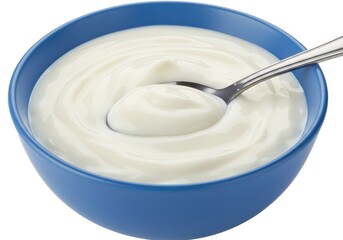 Blue bowl of plain yogurt with a spoon on white background