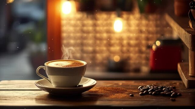 Coffee maker and cup on kitchen counter with shinning  sunset 