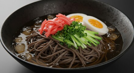 Dark Bowl of Cold Soba Noodles with Egg and Pickled Ginger