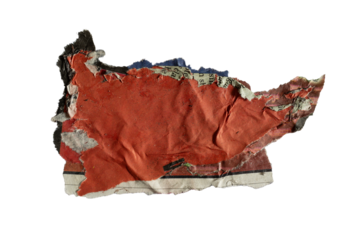 A red flag shape collage from torn old newspaper