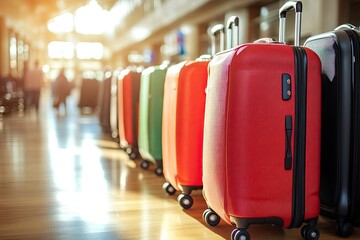 Row of multicolored suitcases are lined up in bright airport terminal waiting to be claimed